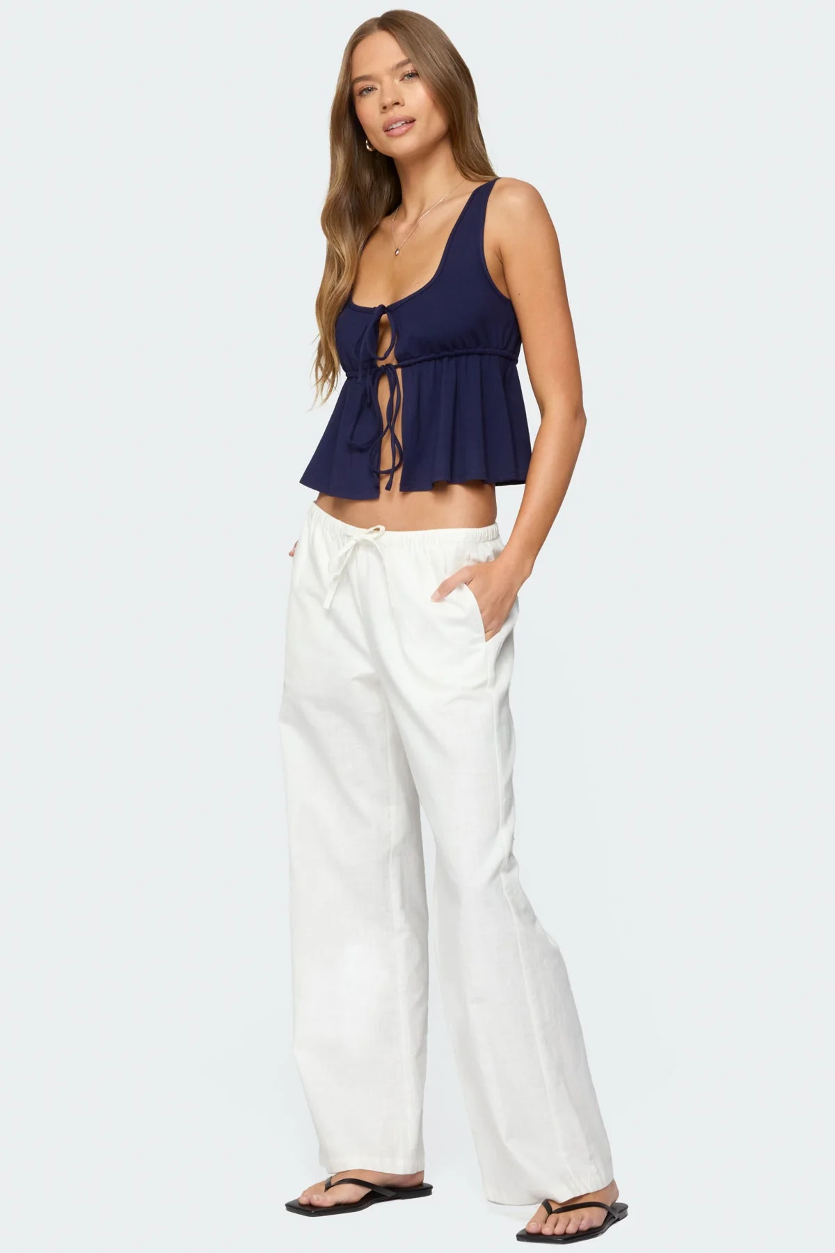 Navy Tie Front Tank Top