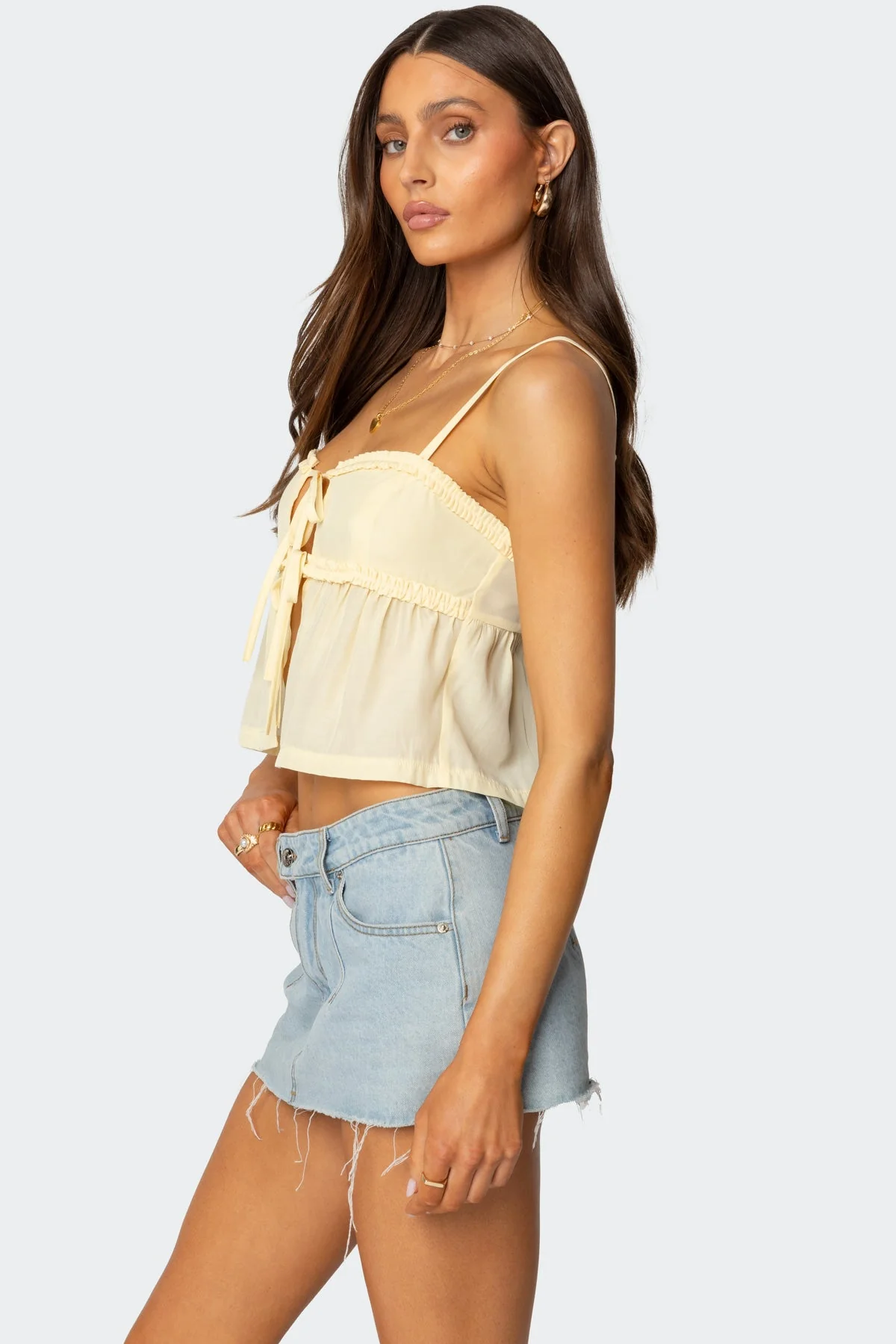Yellow Tie Front Tank Top Womens Ruffle Detailing