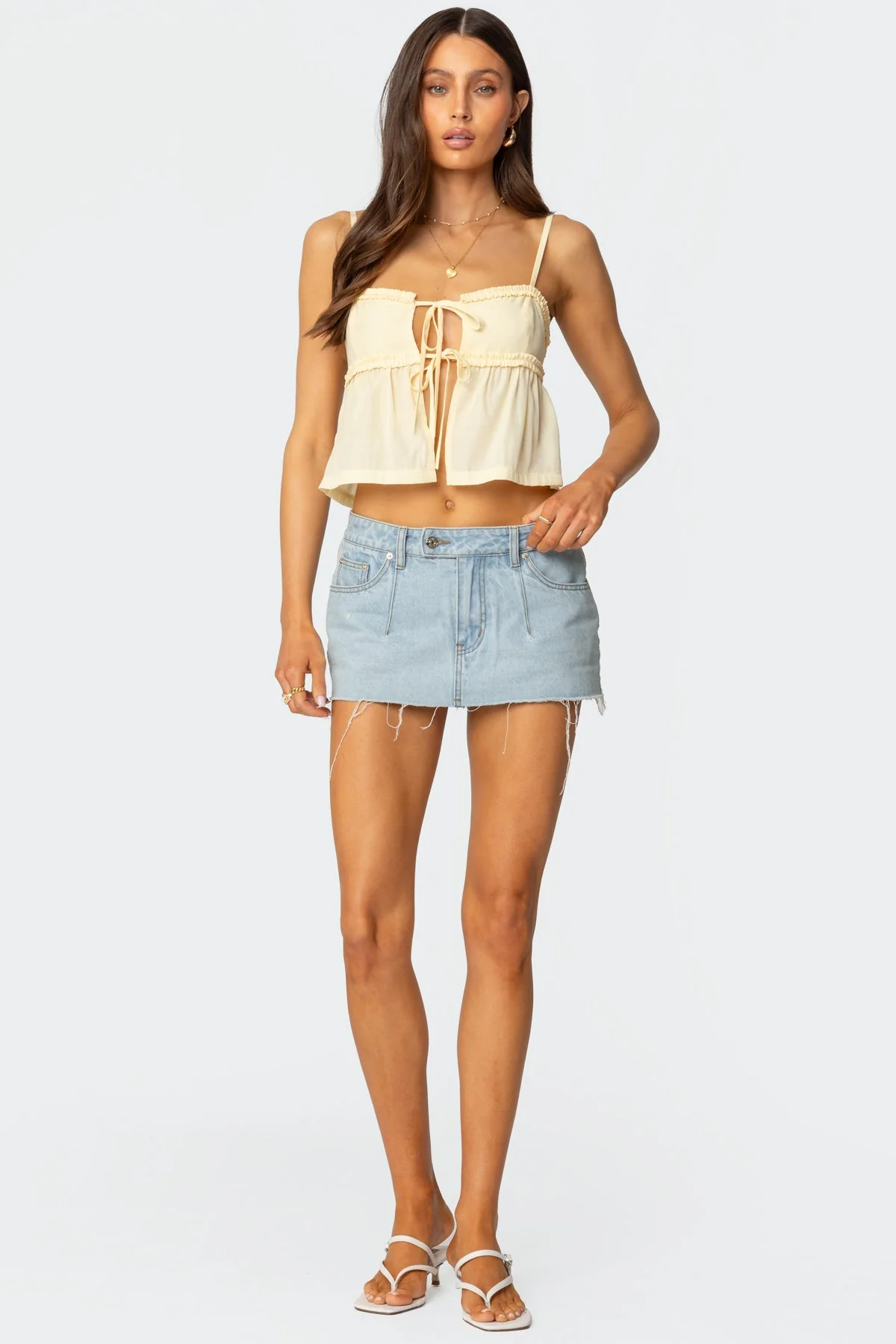 Yellow Tie Front Tank Top Womens Ruffle Detailing