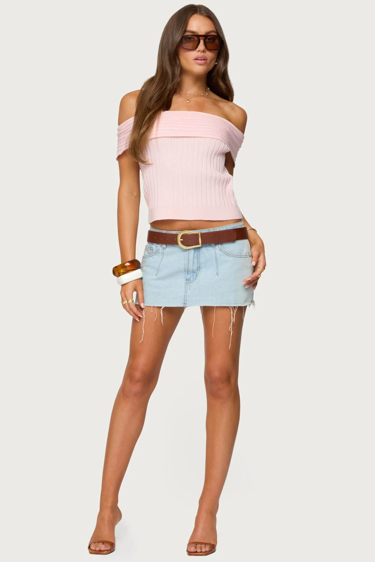 Light Pink Ribbed Knit Off Shoulder Top