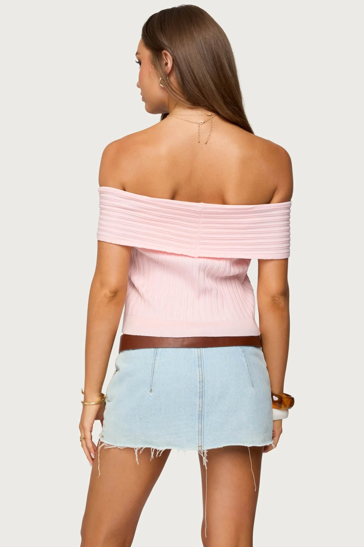 Light Pink Ribbed Knit Off Shoulder Top