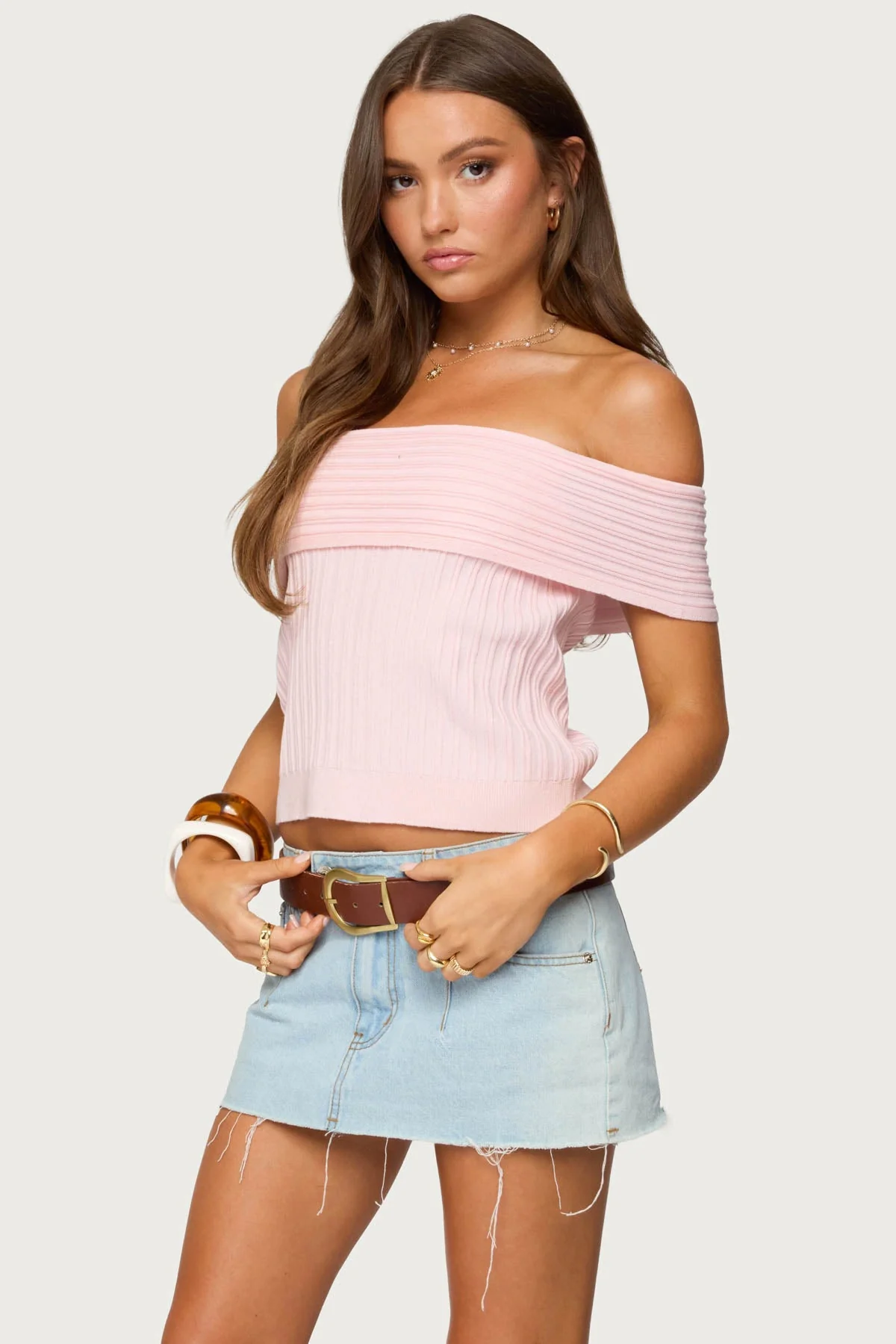 Light Pink Ribbed Knit Off Shoulder Top