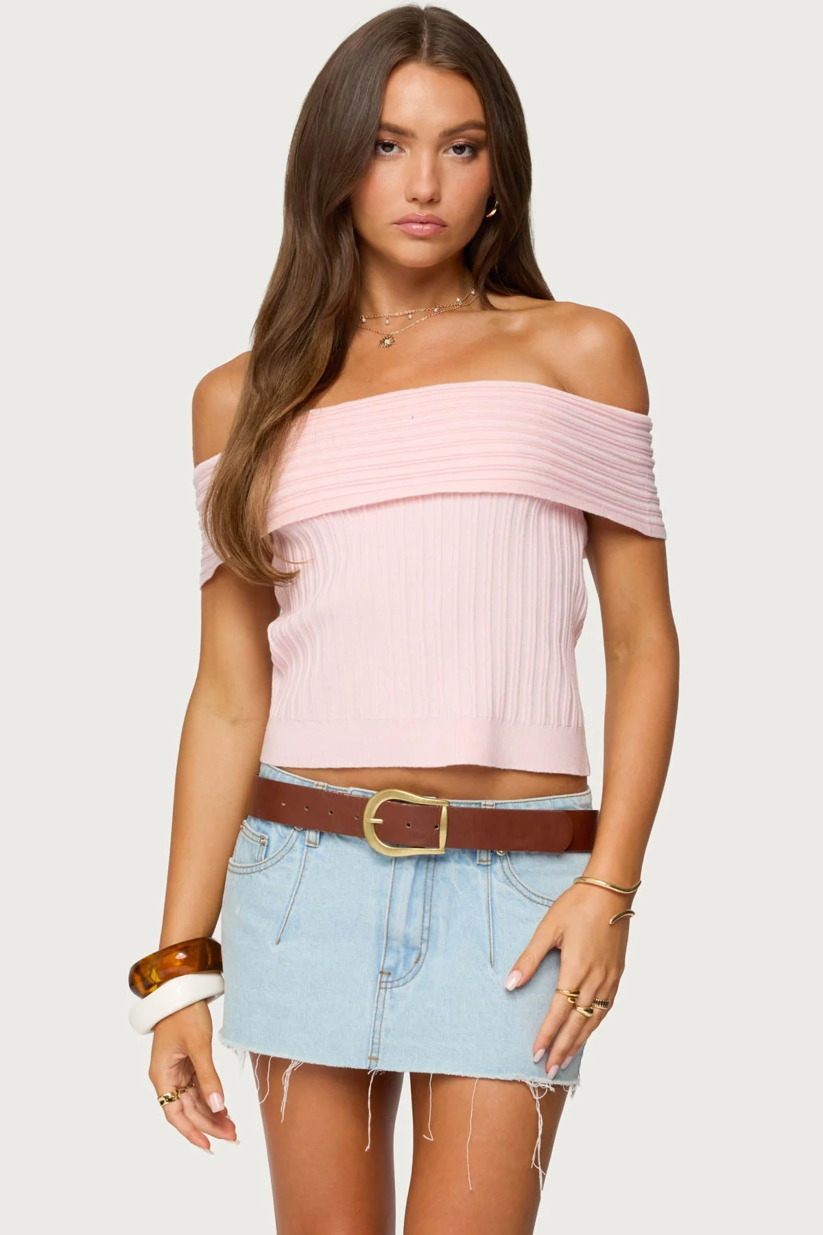Light Pink Ribbed Knit Off Shoulder Top