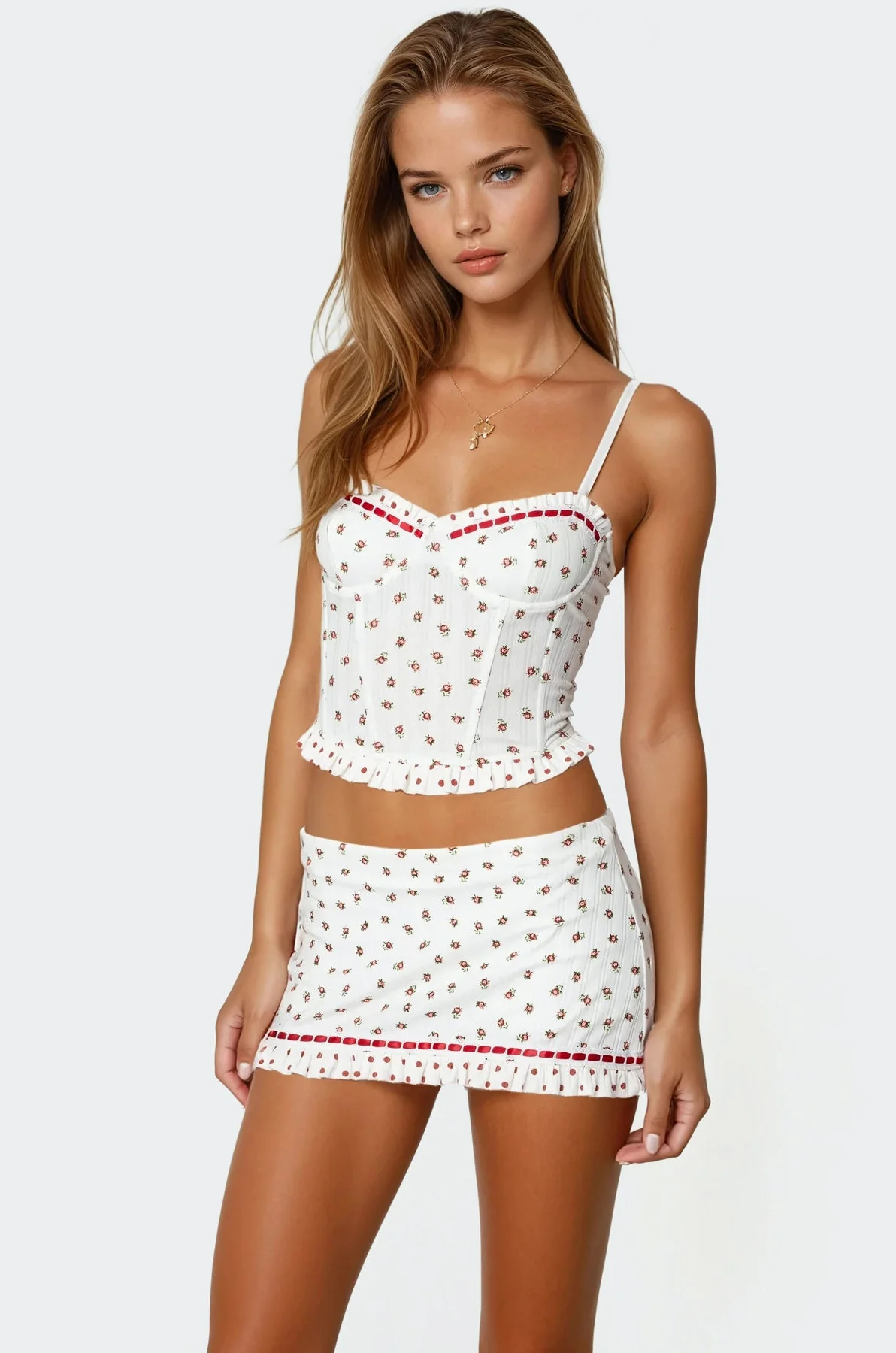 Floral Print Lace Back Corset Set in White Pointelle Fabric