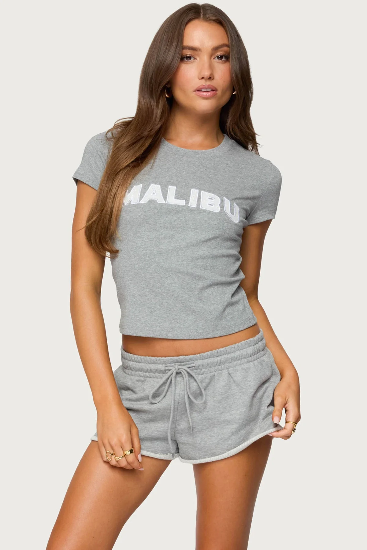 Gray Melange Embroidered Daisy T-Shirt Set