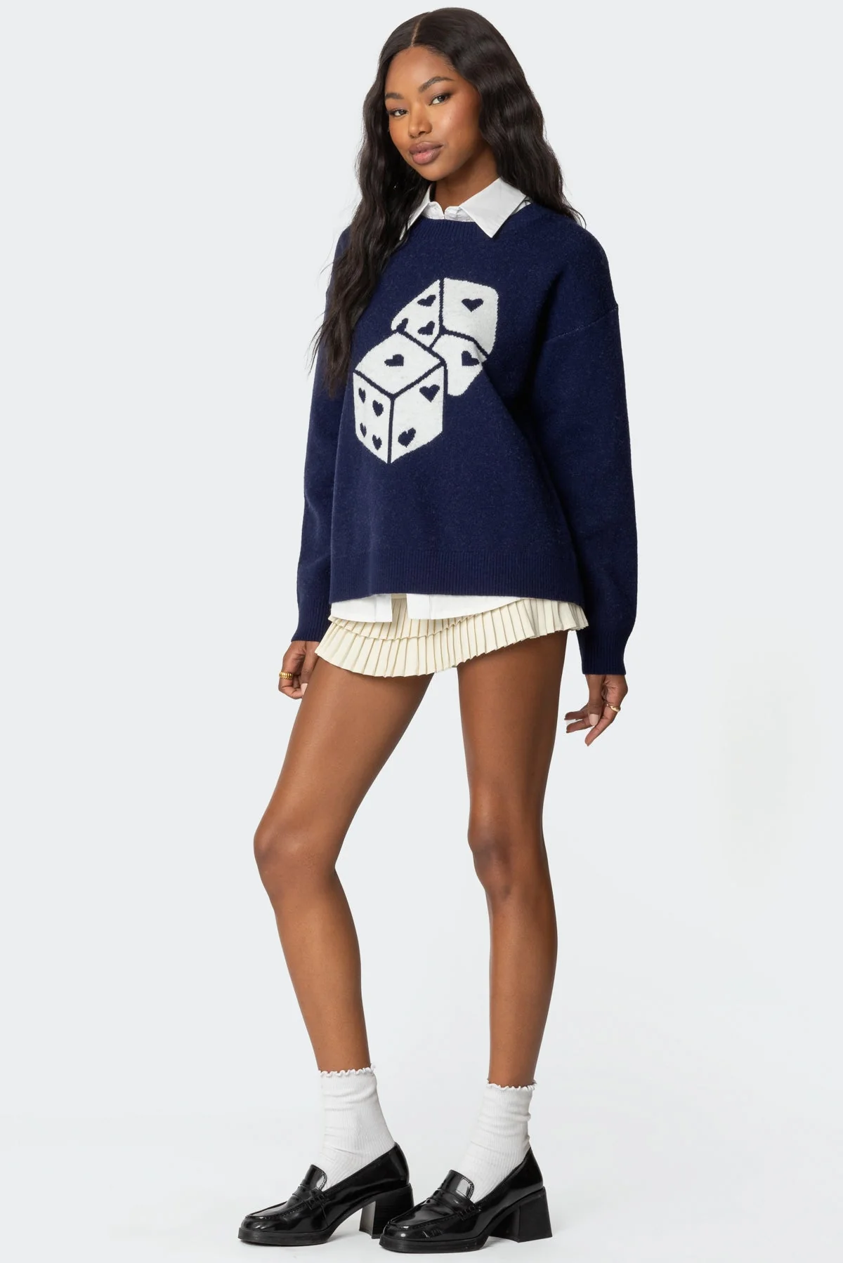 Navy Knit Dice Graphic Sweater - Ribbed Detailing, Long Sleeve