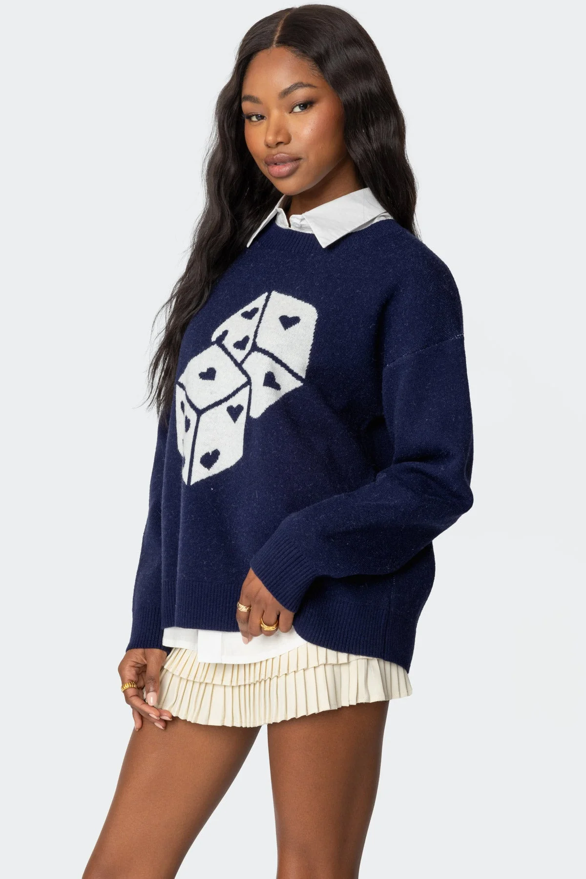 Navy Knit Dice Graphic Sweater - Ribbed Detailing, Long Sleeve