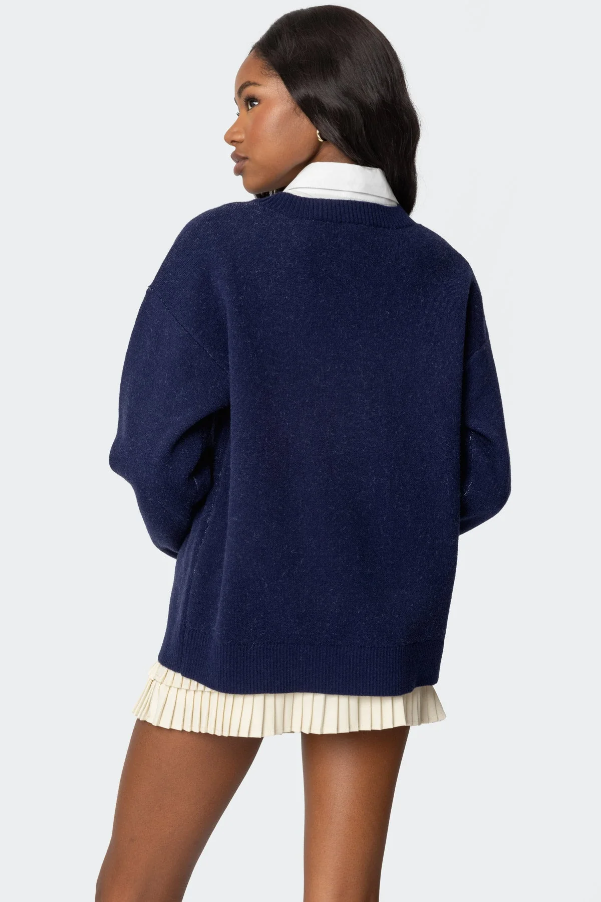 Navy Knit Dice Graphic Sweater - Ribbed Detailing, Long Sleeve