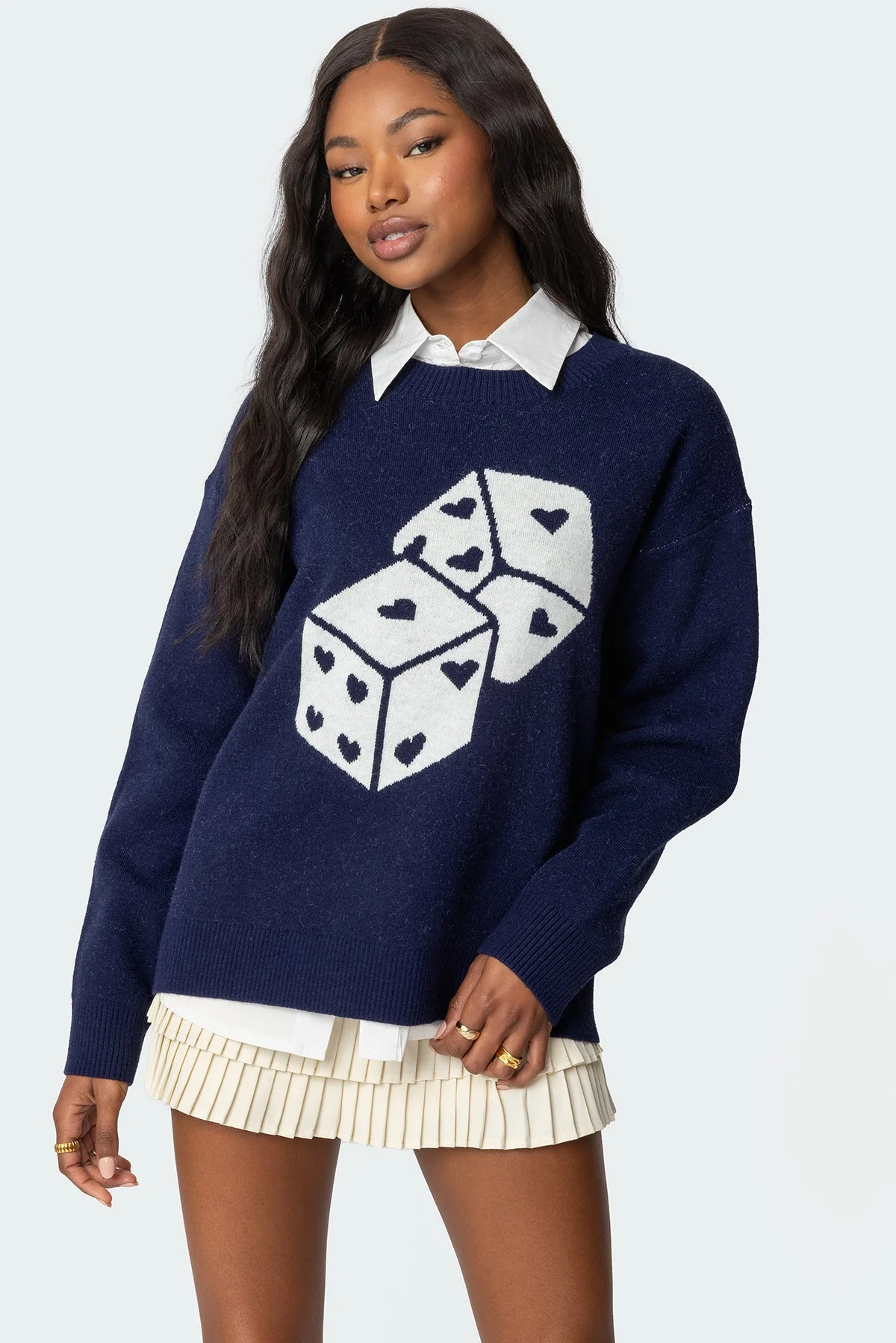 Navy Knit Dice Graphic Sweater - Ribbed Detailing, Long Sleeve