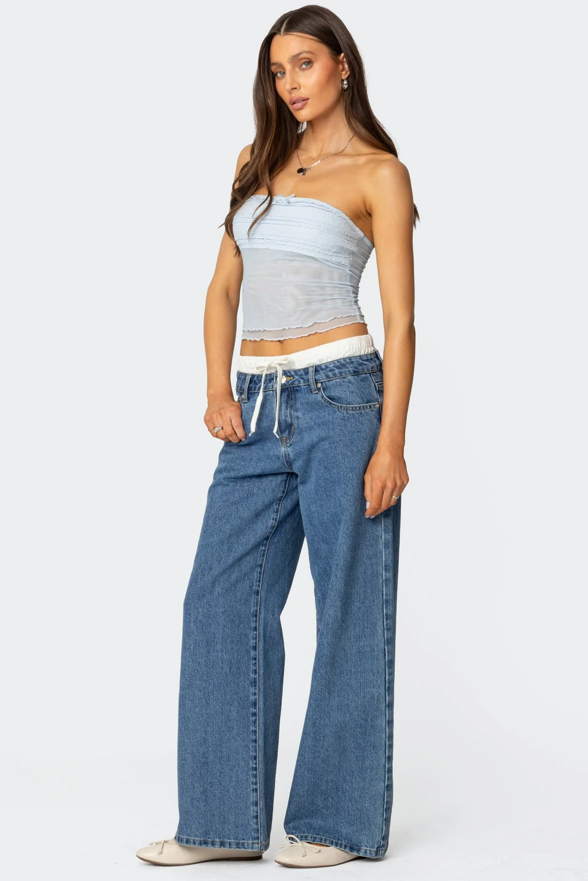 Sheer Mesh Ruffle Knit Tube Top - Light Blue Strapless