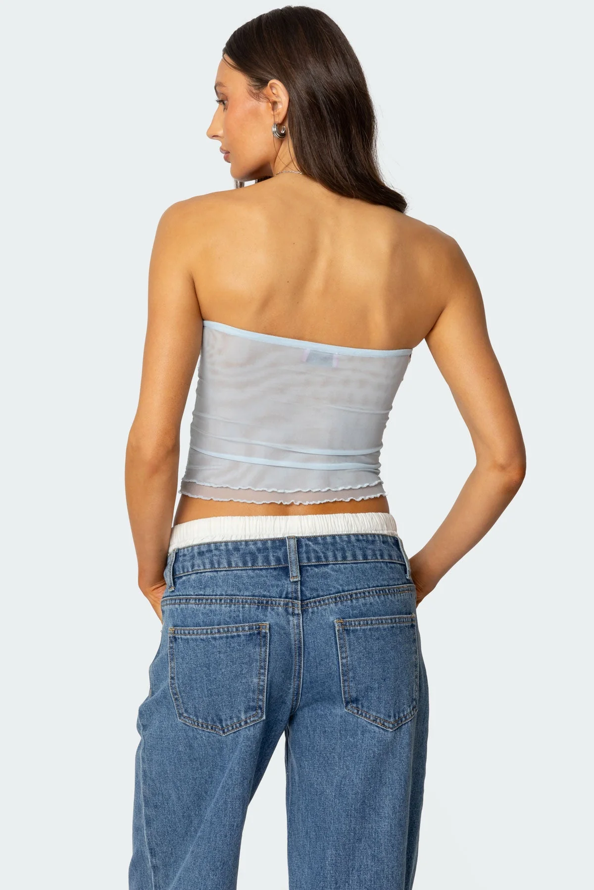 Sheer Mesh Ruffle Knit Tube Top - Light Blue Strapless