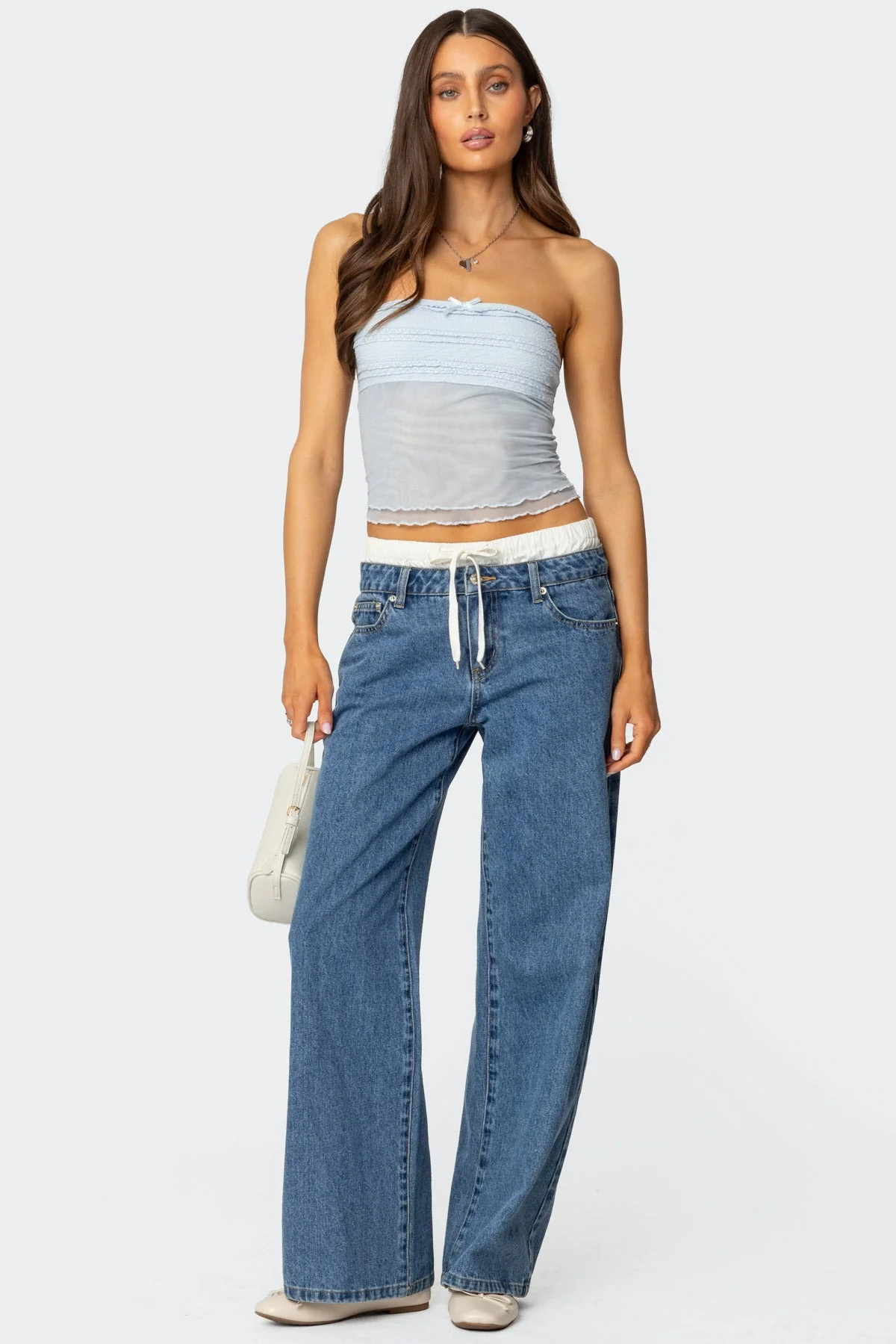 Sheer Mesh Ruffle Knit Tube Top - Light Blue Strapless