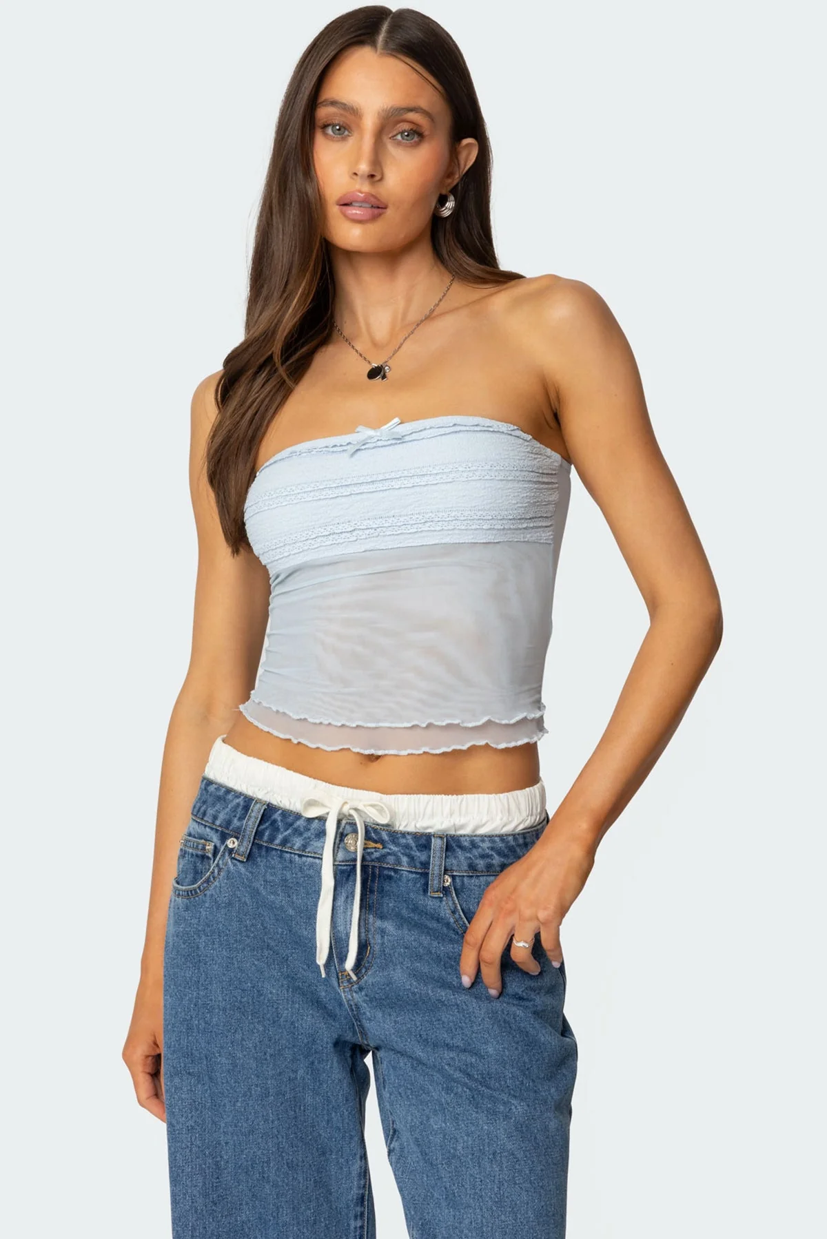 Sheer Mesh Ruffle Knit Tube Top - Light Blue Strapless