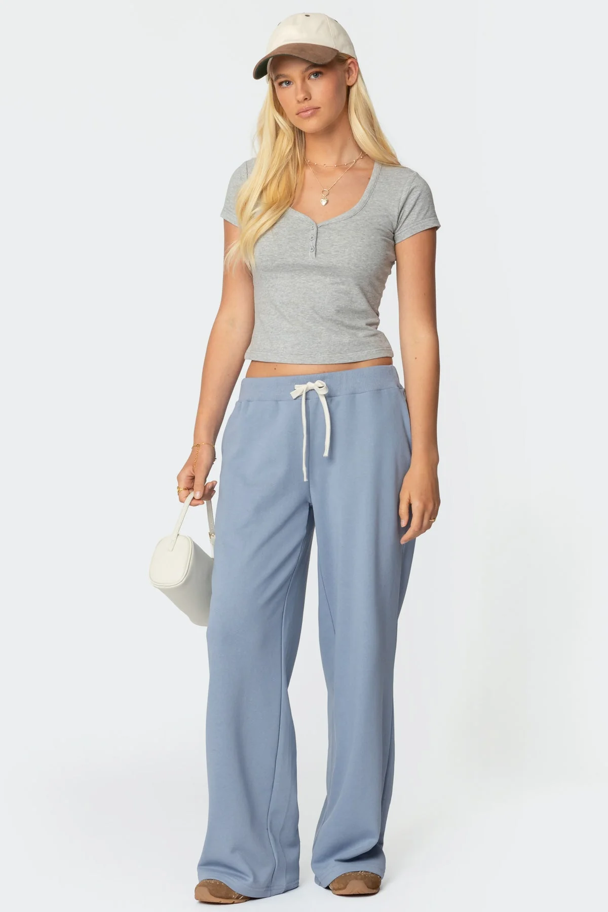 Blue French Terry Sweatpants for Women Adjustable Waist