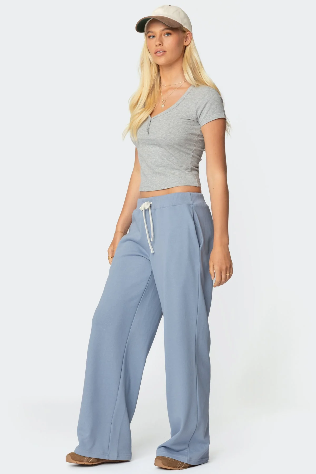 Blue French Terry Sweatpants for Women Adjustable Waist