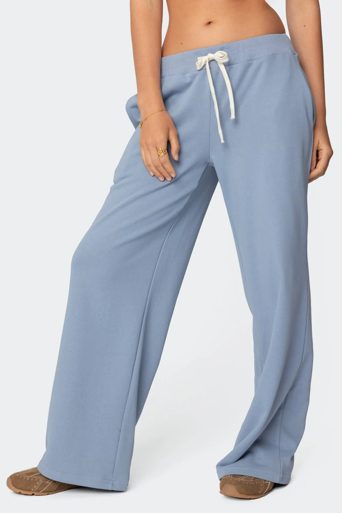 Blue French Terry Sweatpants for Women Adjustable Waist