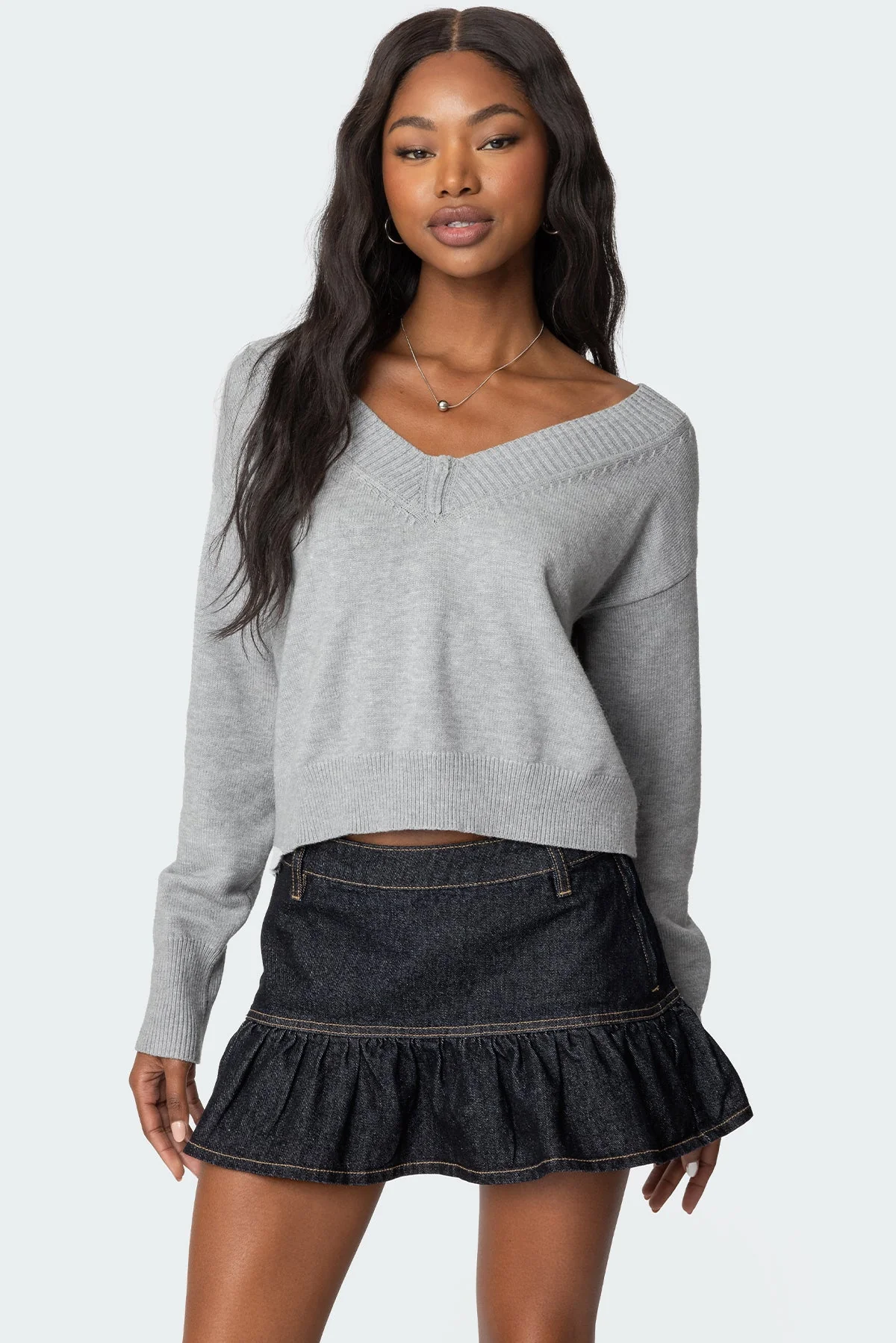 Gray Melange Oversized V Neck Sweater Womens Knitwear