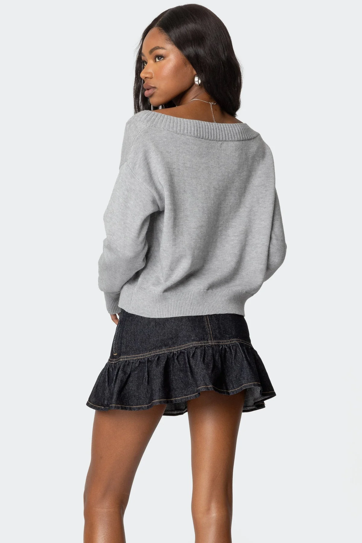 Gray Melange Oversized V Neck Sweater Womens Knitwear