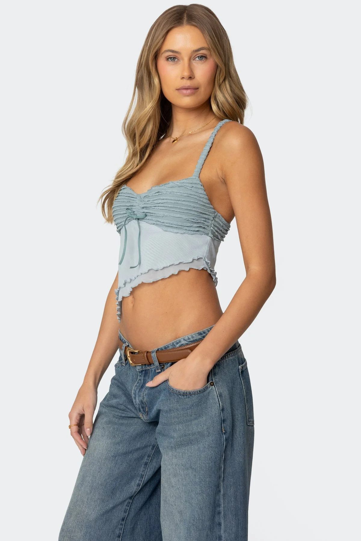Light Blue Ruffle Asymmetric Tank Top