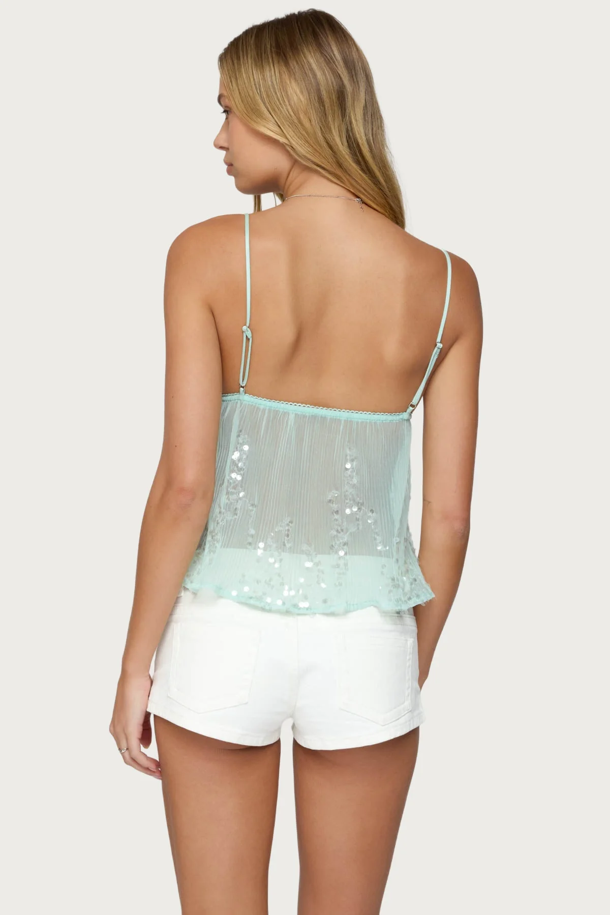 Turquoise Sequin Sheer Mesh Tank Top