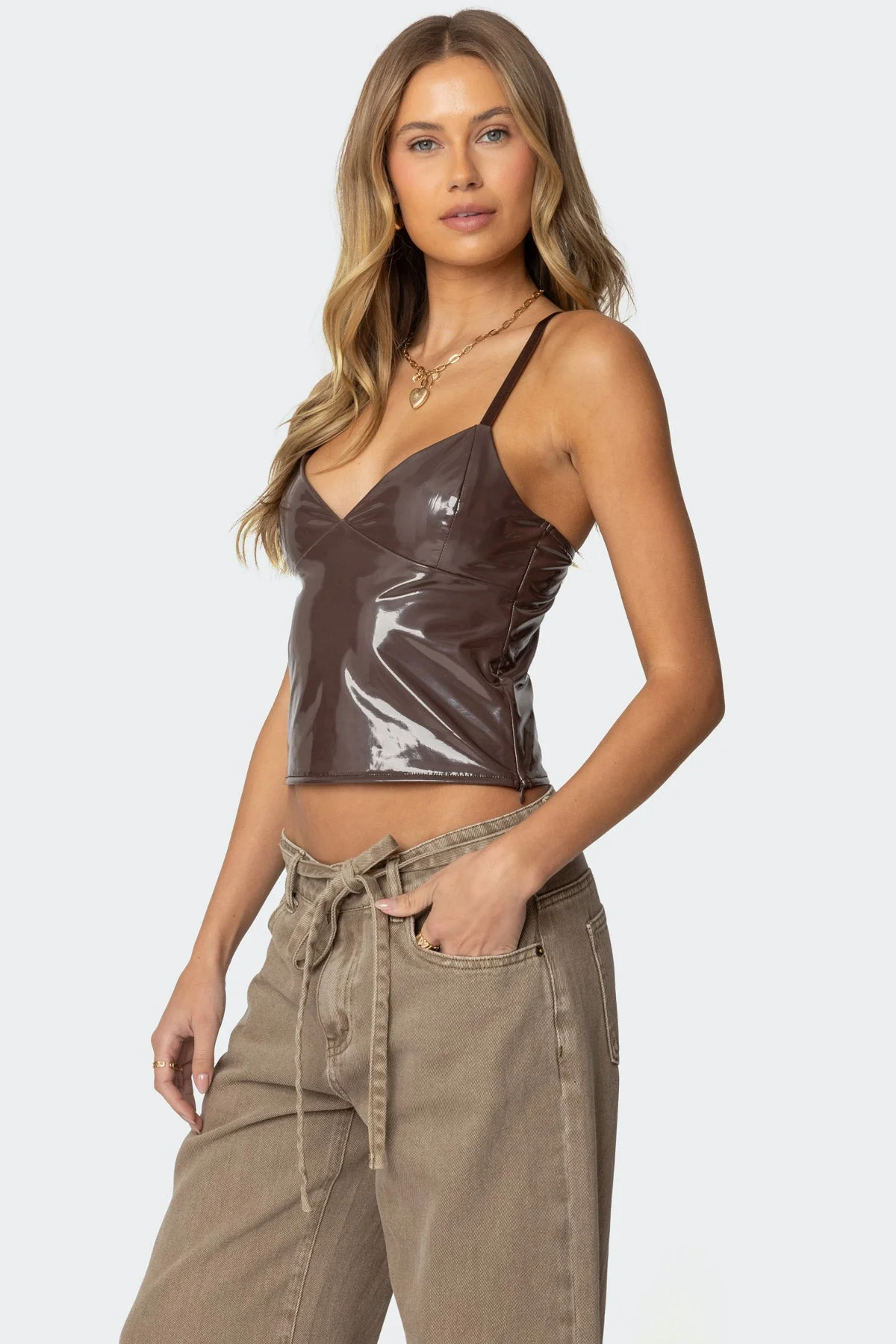 Brown Vinyl Tank Top with Adjustable Straps