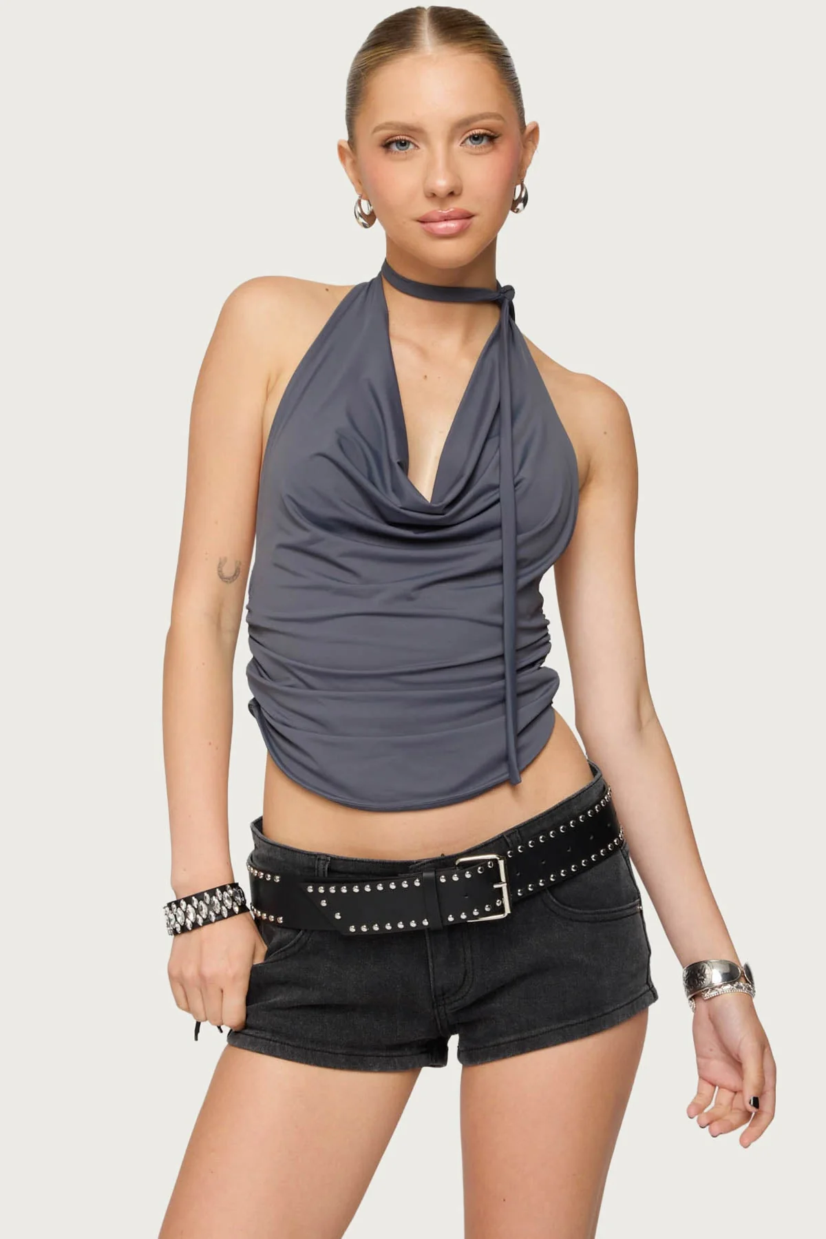 Dark Gray Cowl Neck Halter Top with Matching Scarf