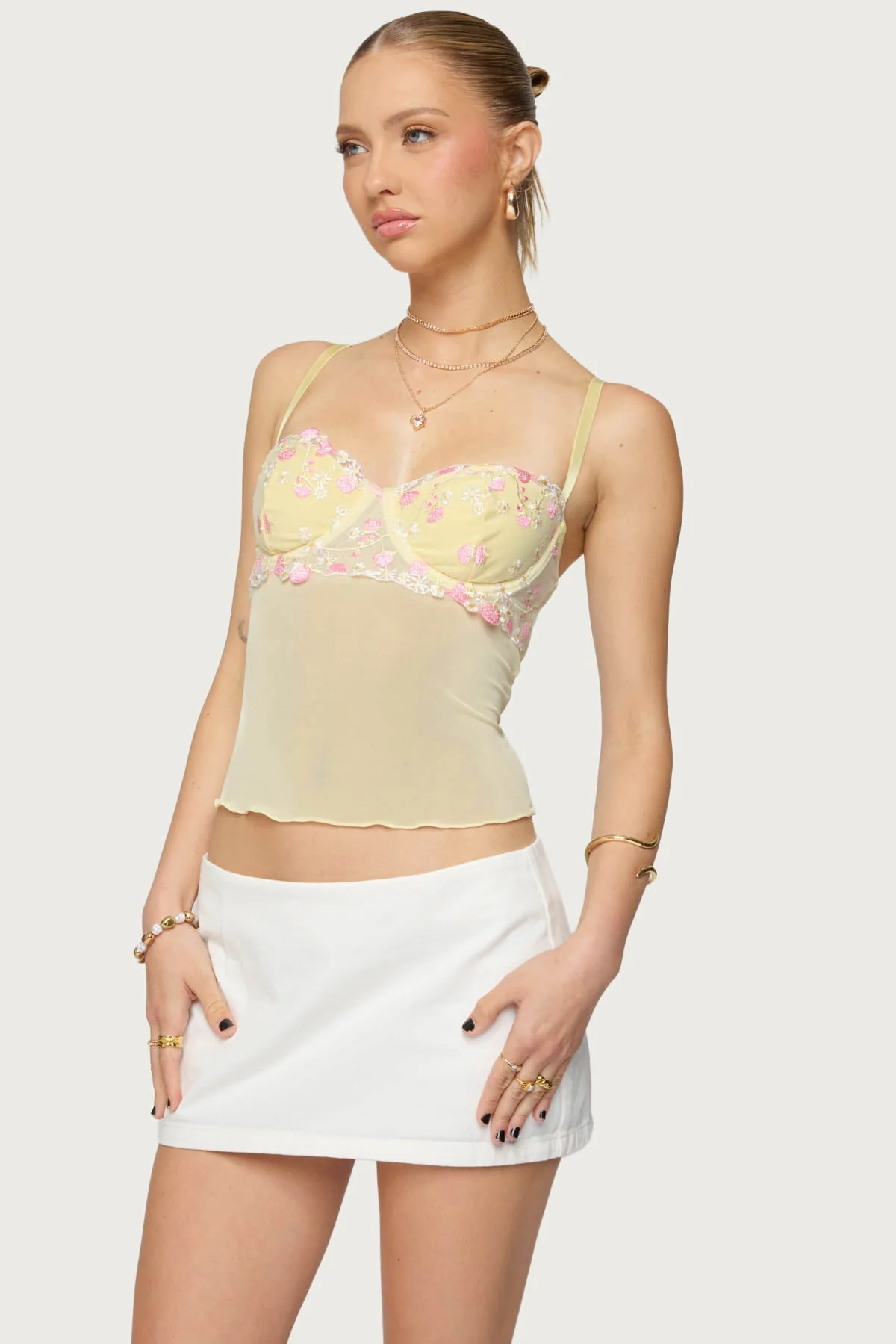 Sheer Floral Embroidered Bra Top in Yellow