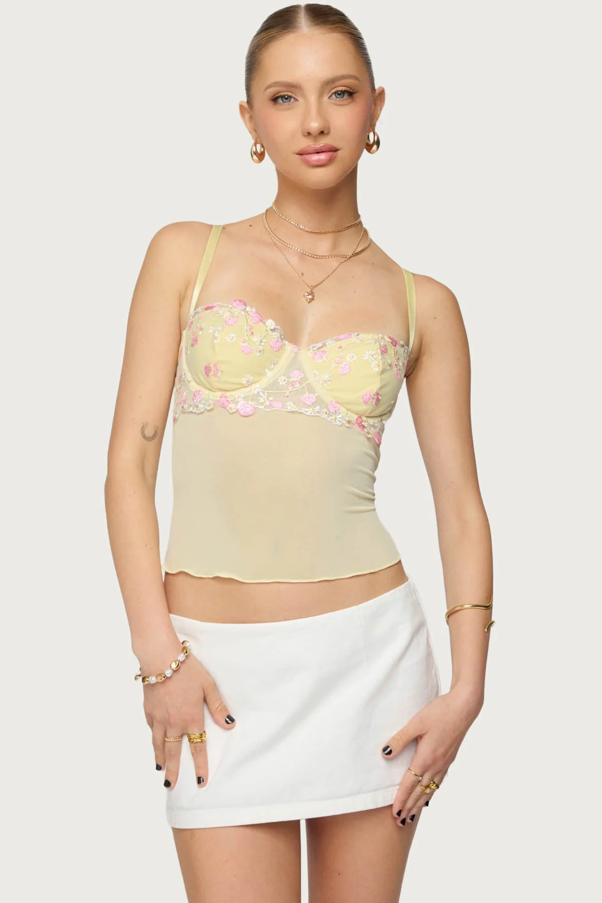 Sheer Floral Embroidered Bra Top in Yellow