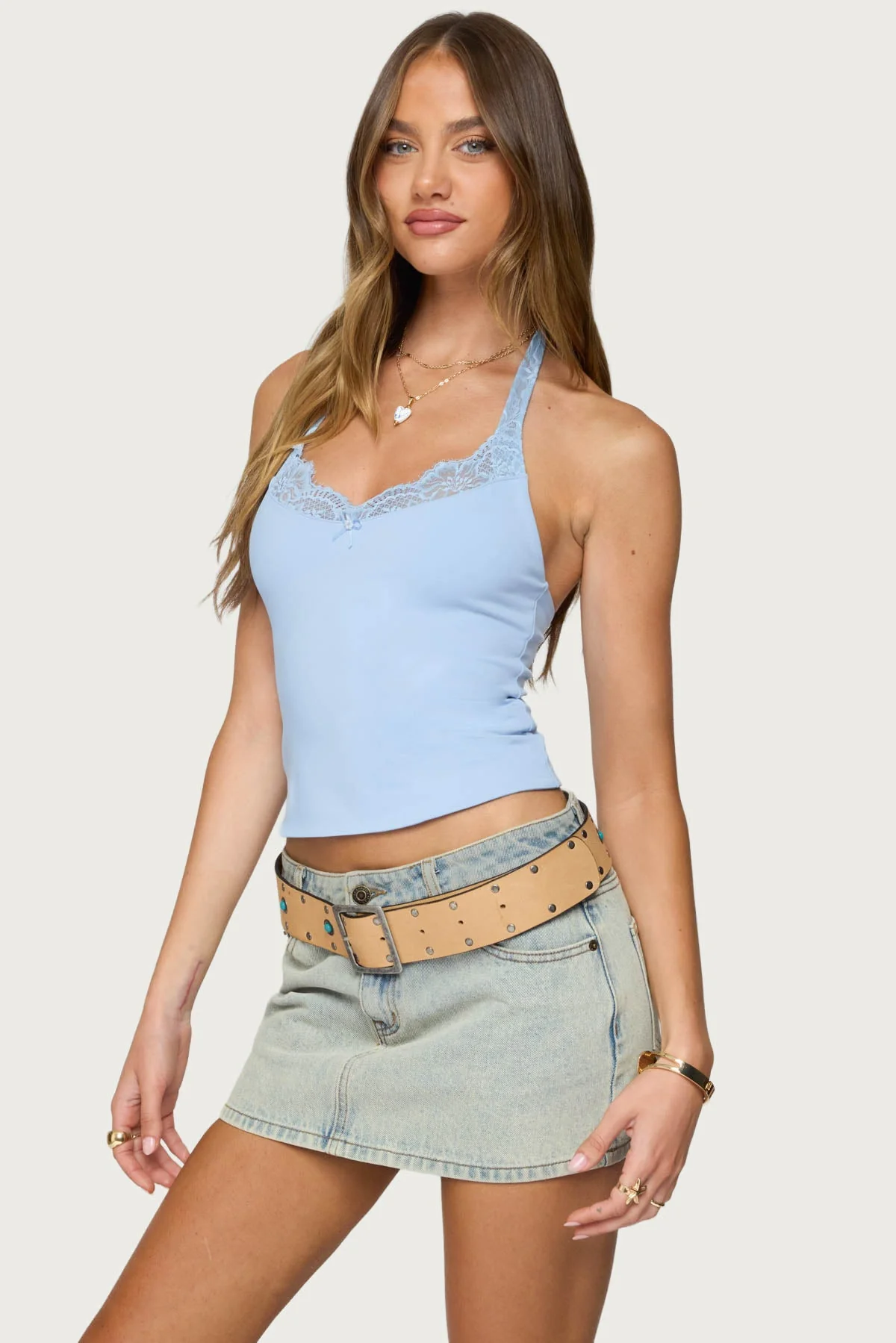 Light Blue Lace Halter Neck Top | Womens Lace Trimmed Blouse