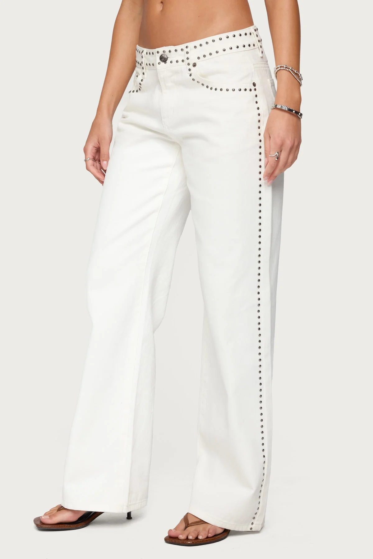 White Studded Low Rise Denim Pants