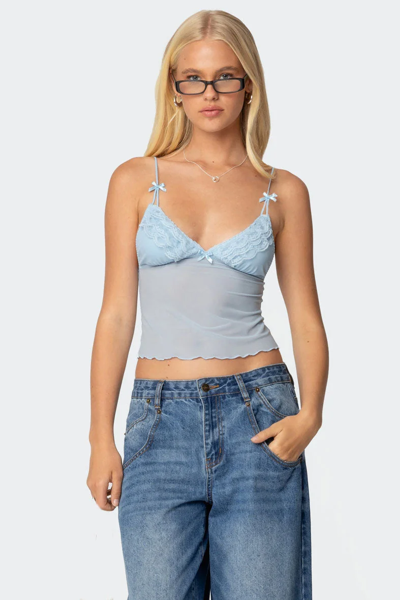 Light Blue Sheer Mesh Tank Top with Lace Detail