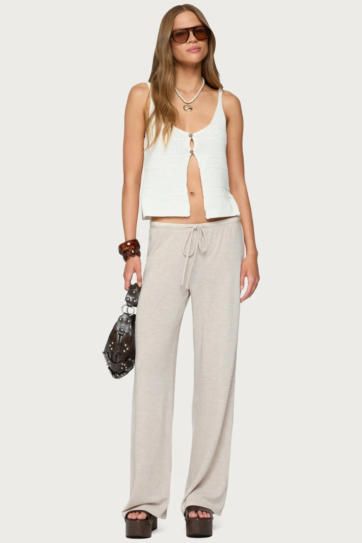 Beige Adjustable Tie Waist Loose Fit Pants