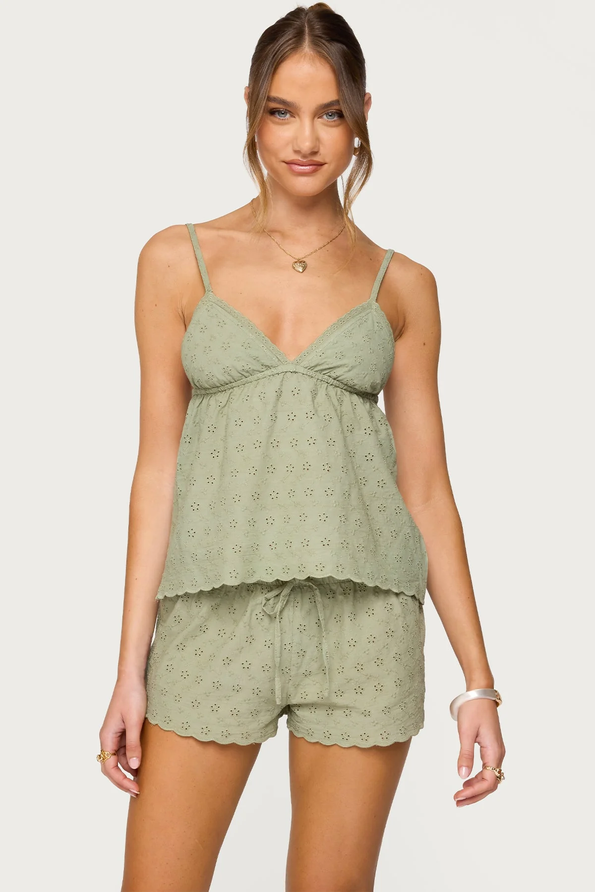 Cotton Eyelet Babydoll Top in Olive Green