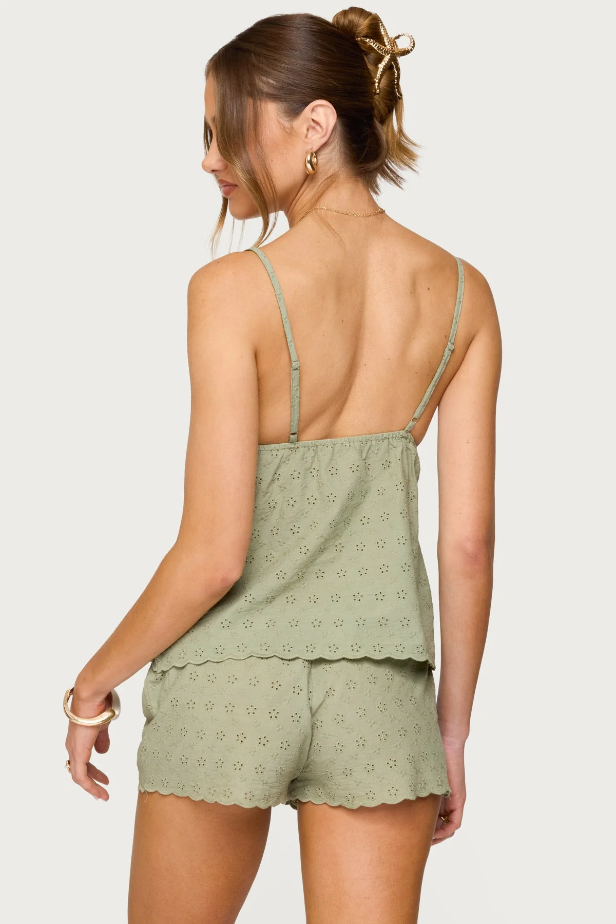 Cotton Eyelet Babydoll Top in Olive Green
