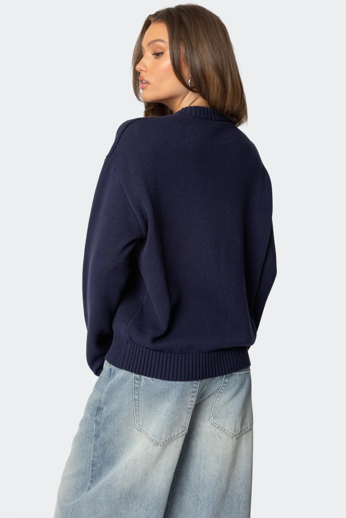 Navy Knit Graphic Ribbed Detail Sweater