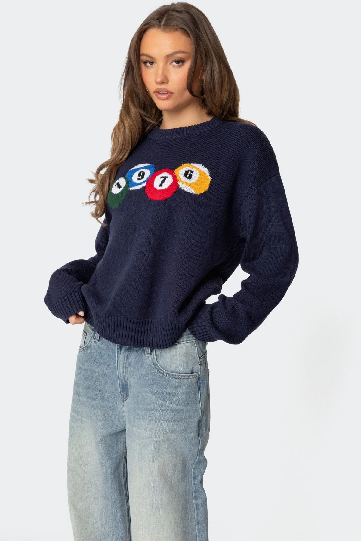 Navy Knit Graphic Ribbed Detail Sweater