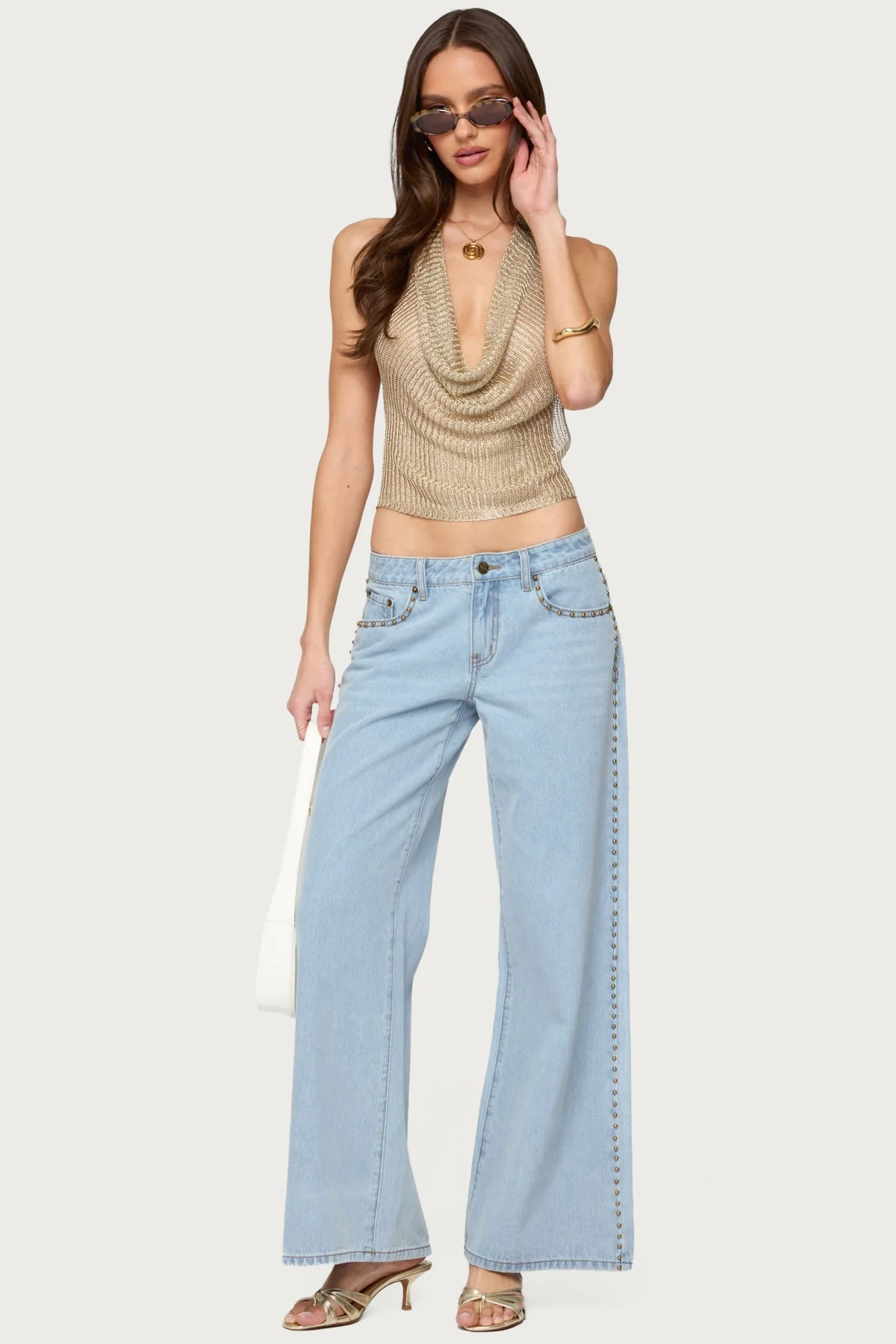 Glamorous Shiny Knit Cowl Neck Top