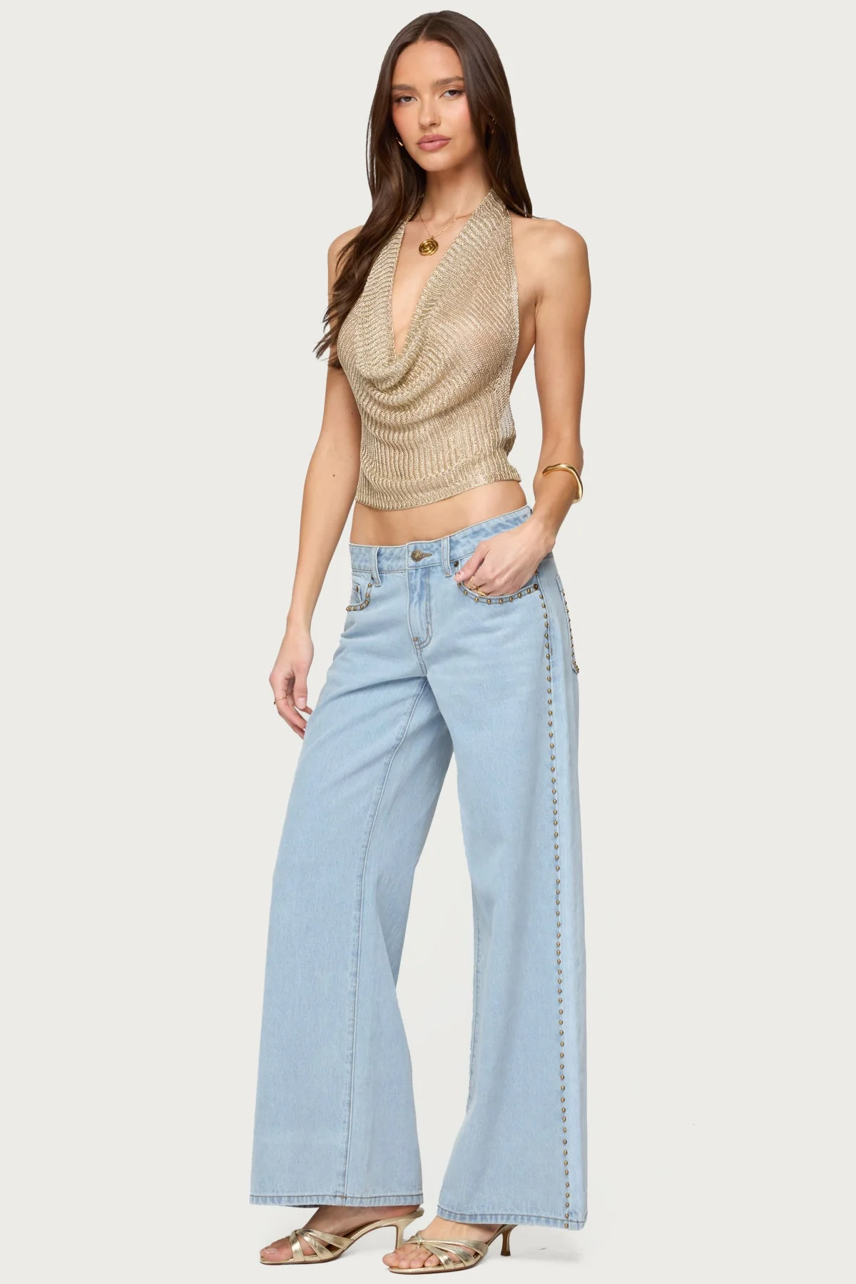 Glamorous Shiny Knit Cowl Neck Top