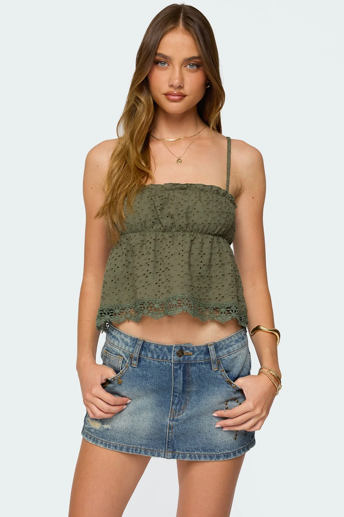 Olive Lace Hem Babydoll Tank Top