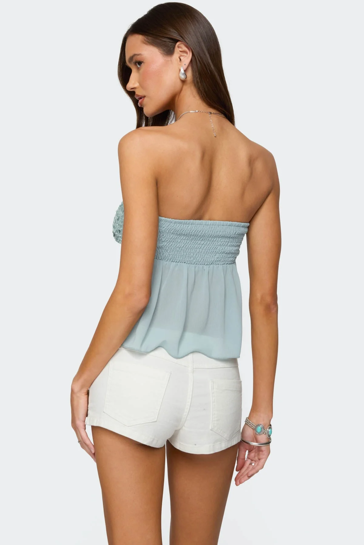 Sheer Chiffon Bead Detail Strapless Top Blue