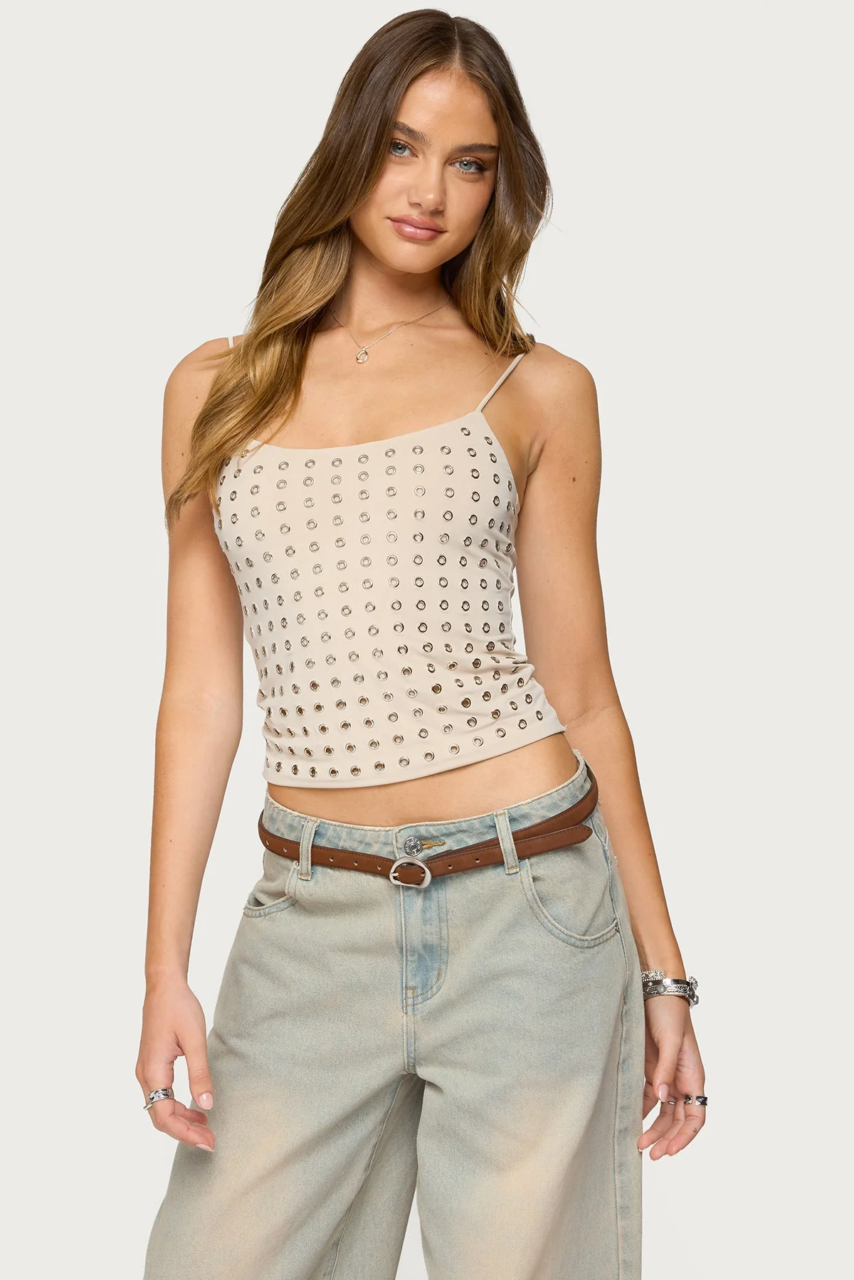 Beige Grommet Tank Top Womens Adjustable Strap Polyester Spandex