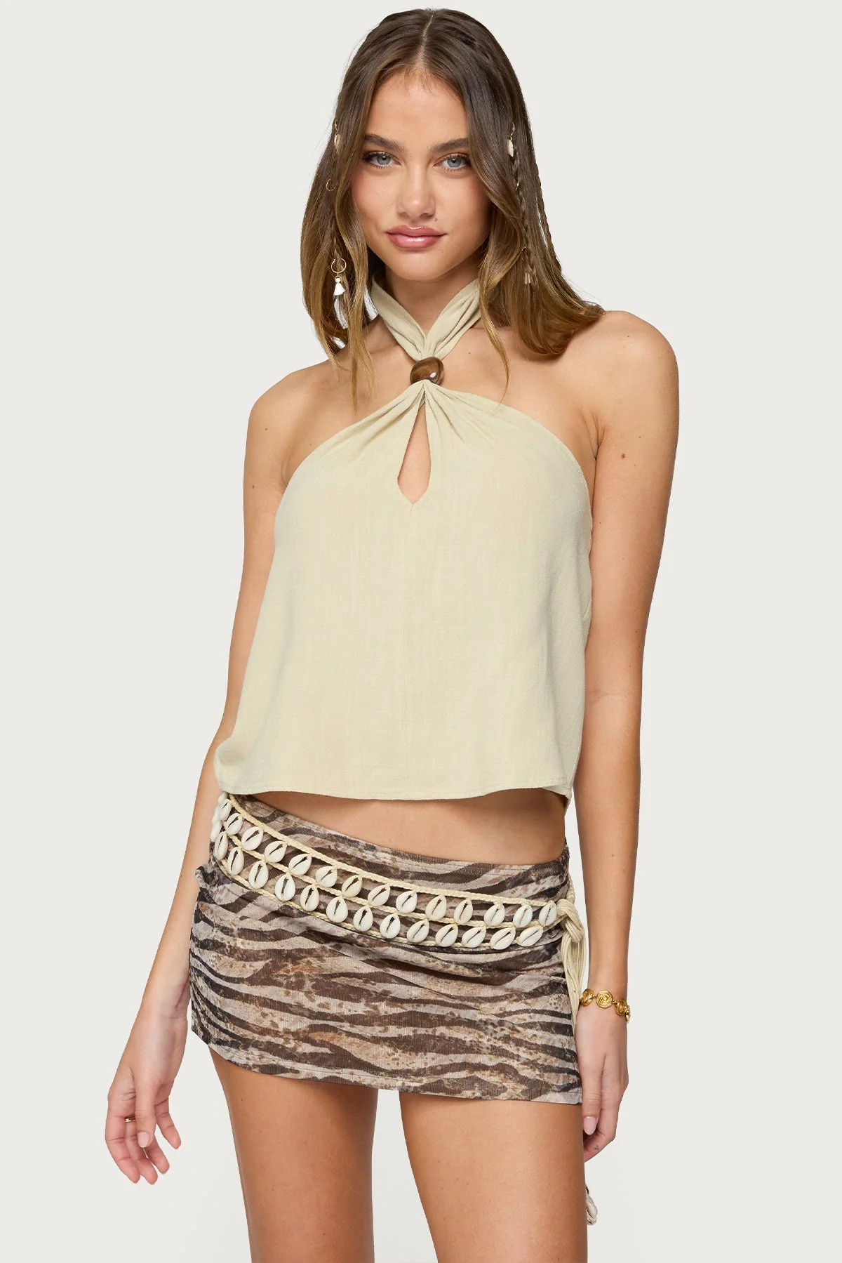 Cream Keyhole Halter Top - Stylish, Flared Fit