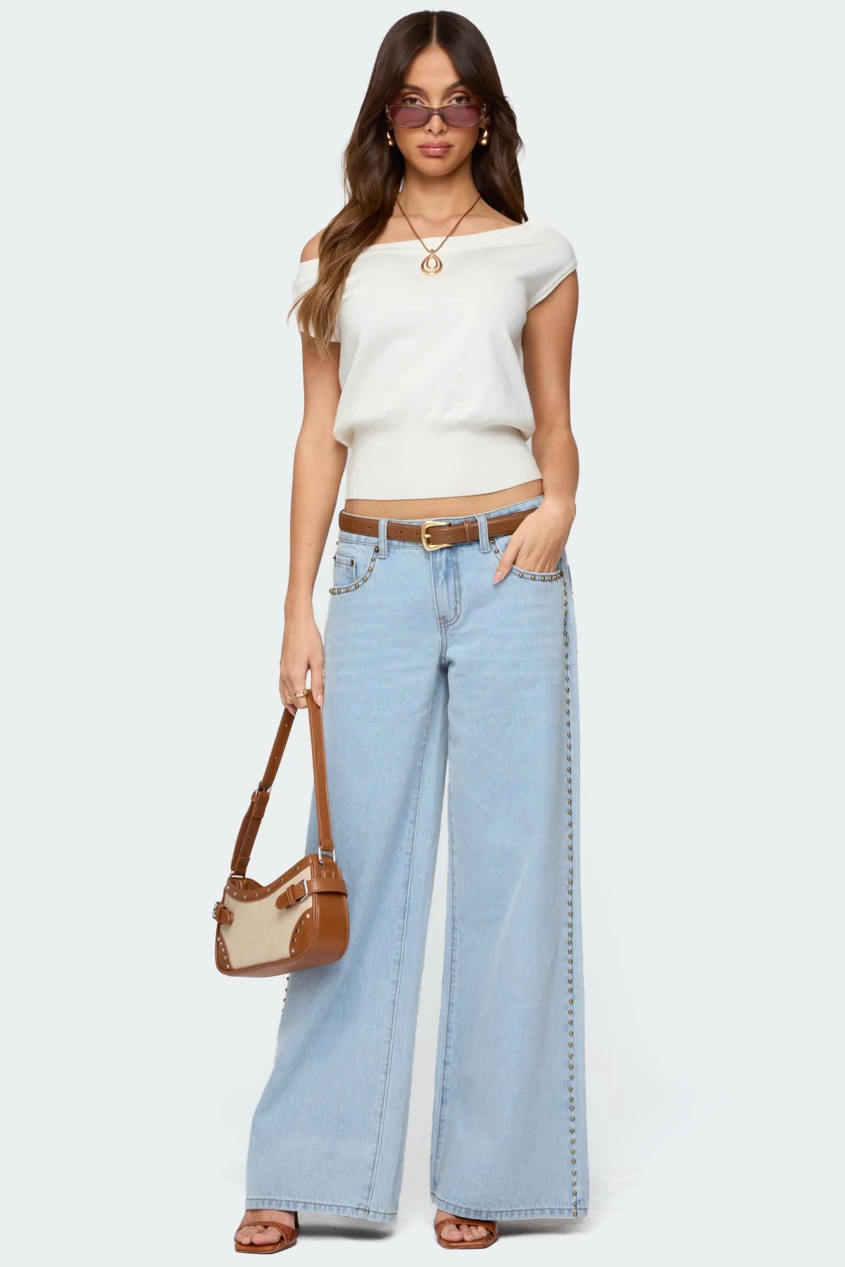 Studded Low Rise Denim Jeans in Light Blue