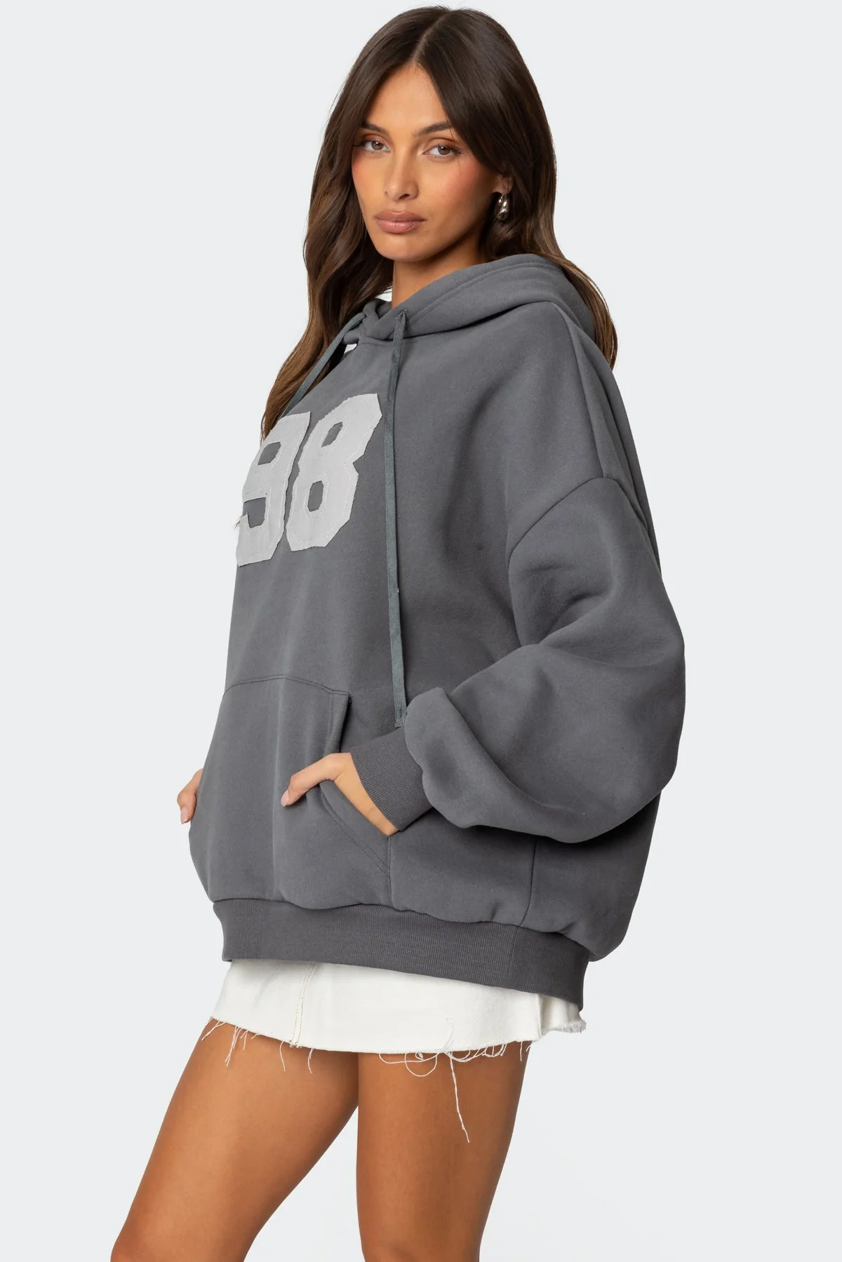 Gray Oversized Graphic Patch Hoodie for Women