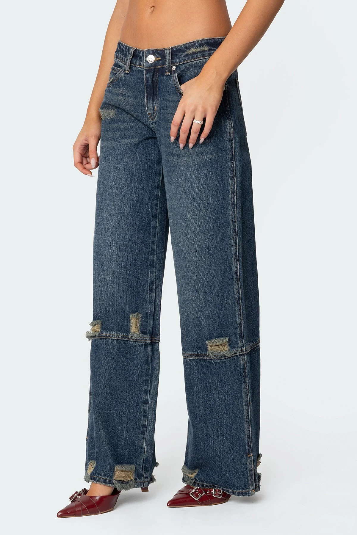 Blue Distressed Wide Leg Denim Pants