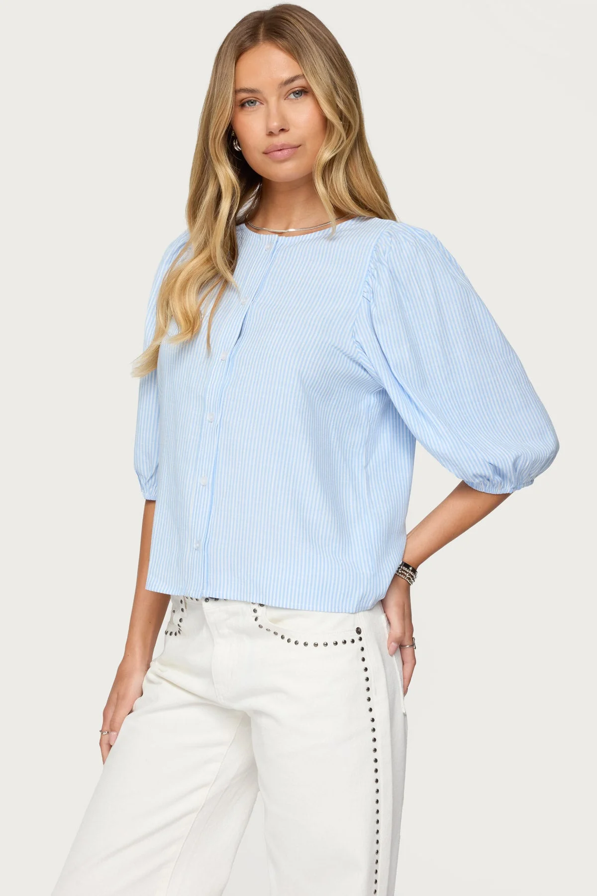 Light Blue Pinstripe Linen Button-Up Shirt