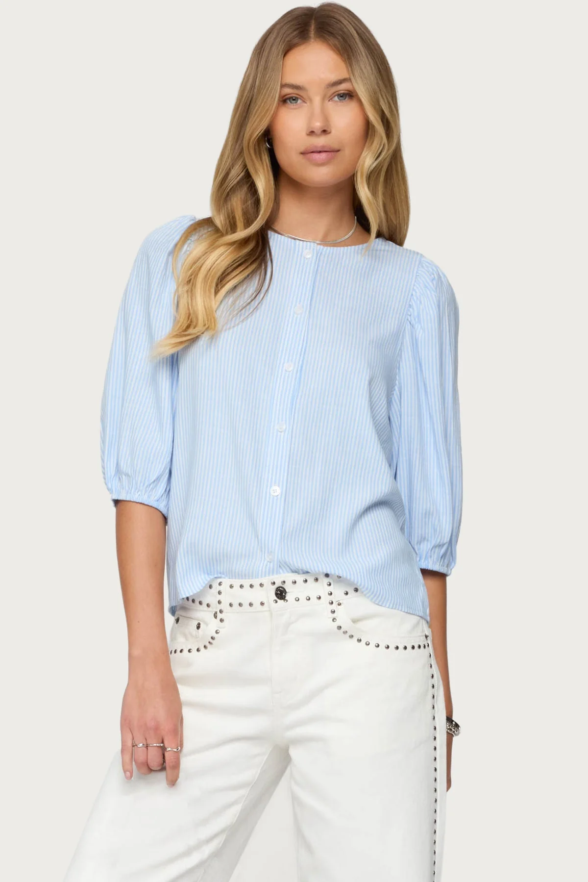 Light Blue Pinstripe Linen Button-Up Shirt