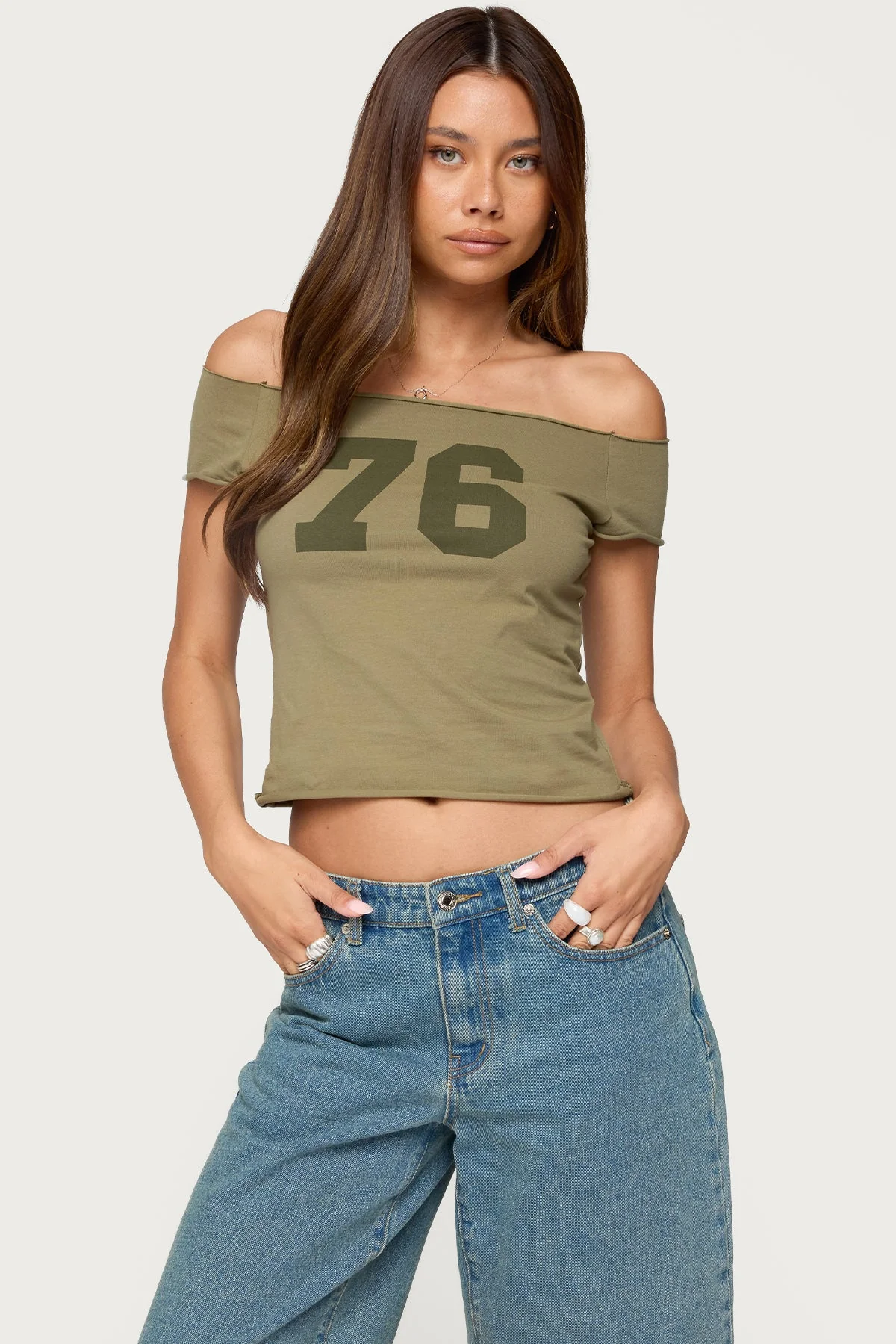 Graphic Olive Off Shoulder Womens Top