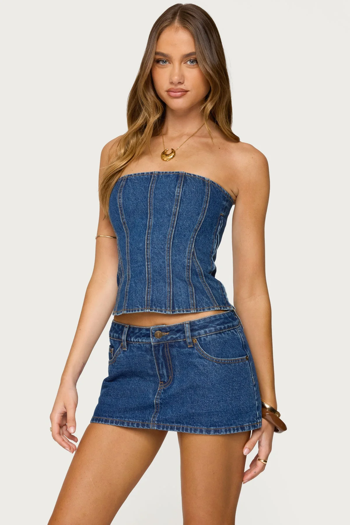 Denim Corset Set with Strapless Design in Blue Washed - Camelia