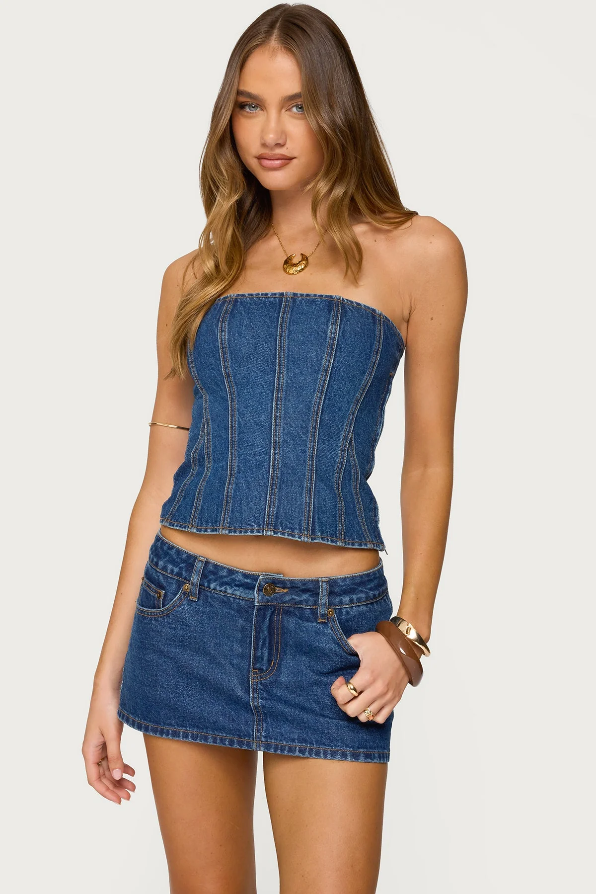 Denim Corset Set with Strapless Design in Blue Washed - Camelia